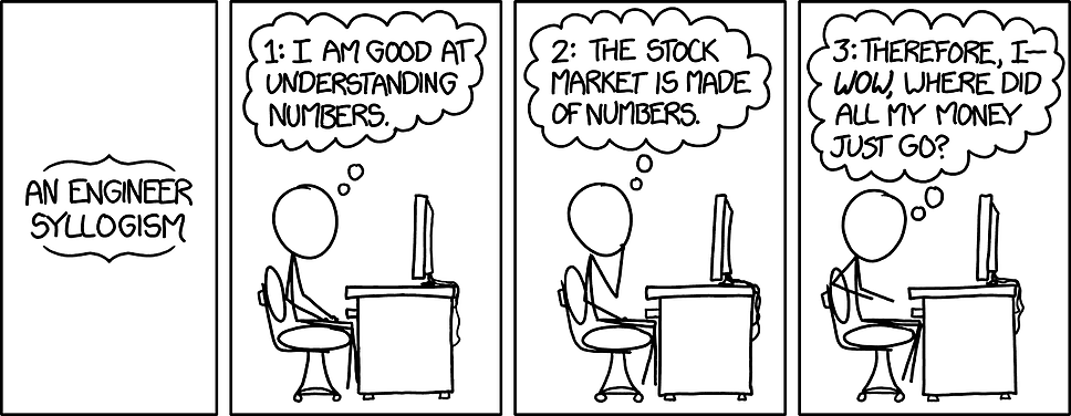A stick figure reasons that being good with numbers should make them understand the stock market, then loses money anyway.